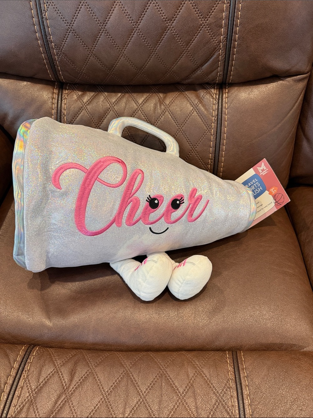 Plush Cheer Megaphone Accent Pillow - Pink on Iridescent Silver